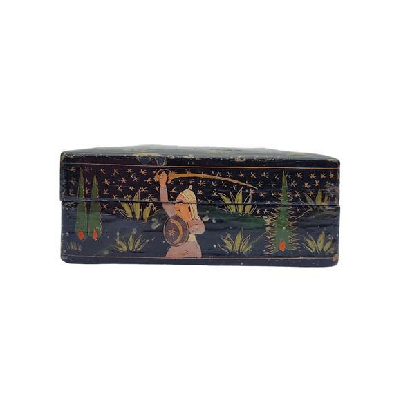 Vintage Russian Black Lacquer Green Blue Trinket Box Fighting Scene - Picture 11 of 13